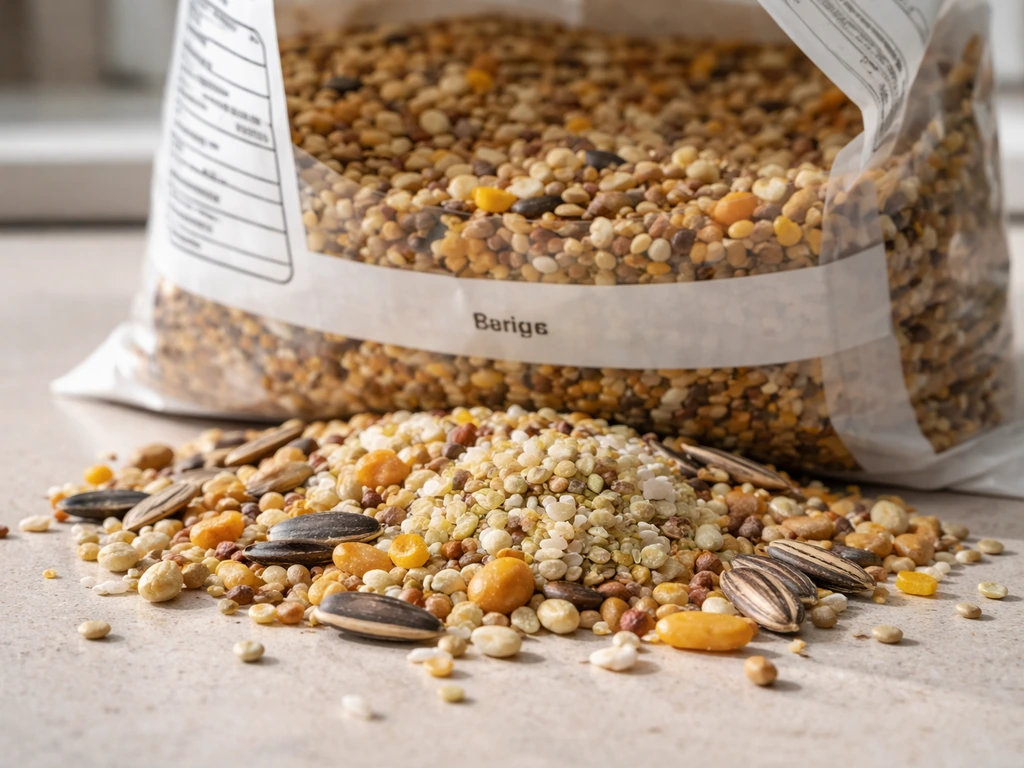 Close-up of a bird seed bag with visible hemp seeds/seed hearts and ingredient panel for identification.