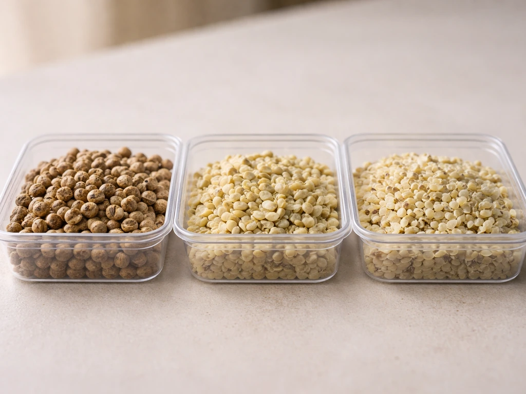 Three side-by-side compartments showing whole hemp seed, hulled hemp seed, and hemp hearts.
