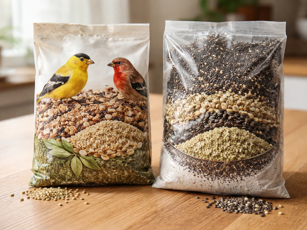 Close-up of two bird seed bags with visible hemp seeds/ingredient imagery for finch and nyjer-style blends.
