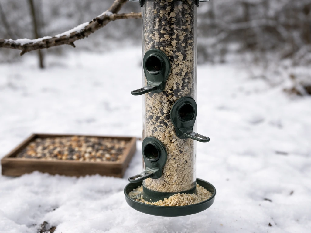 Winter outdoor feeders: tube feeder dispensing hemp hearts with a tray feeder holding larger mixed seeds.