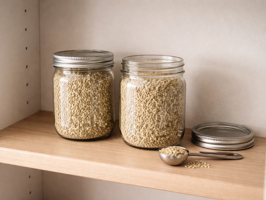 Airtight glass jars of hemp seed in a cool pantry cabinet with one open jar for best-practice storage.