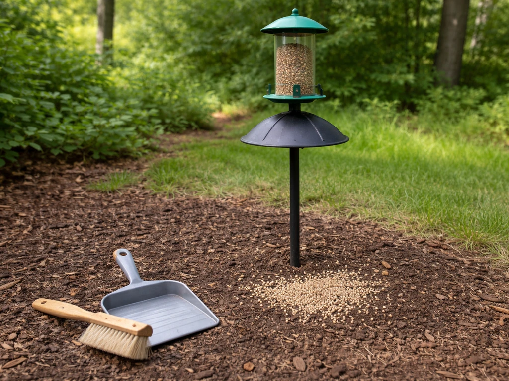 Baffled bird feeder on a pole with visible seed scatter control and a brush beside a dustpan for cleanup.
