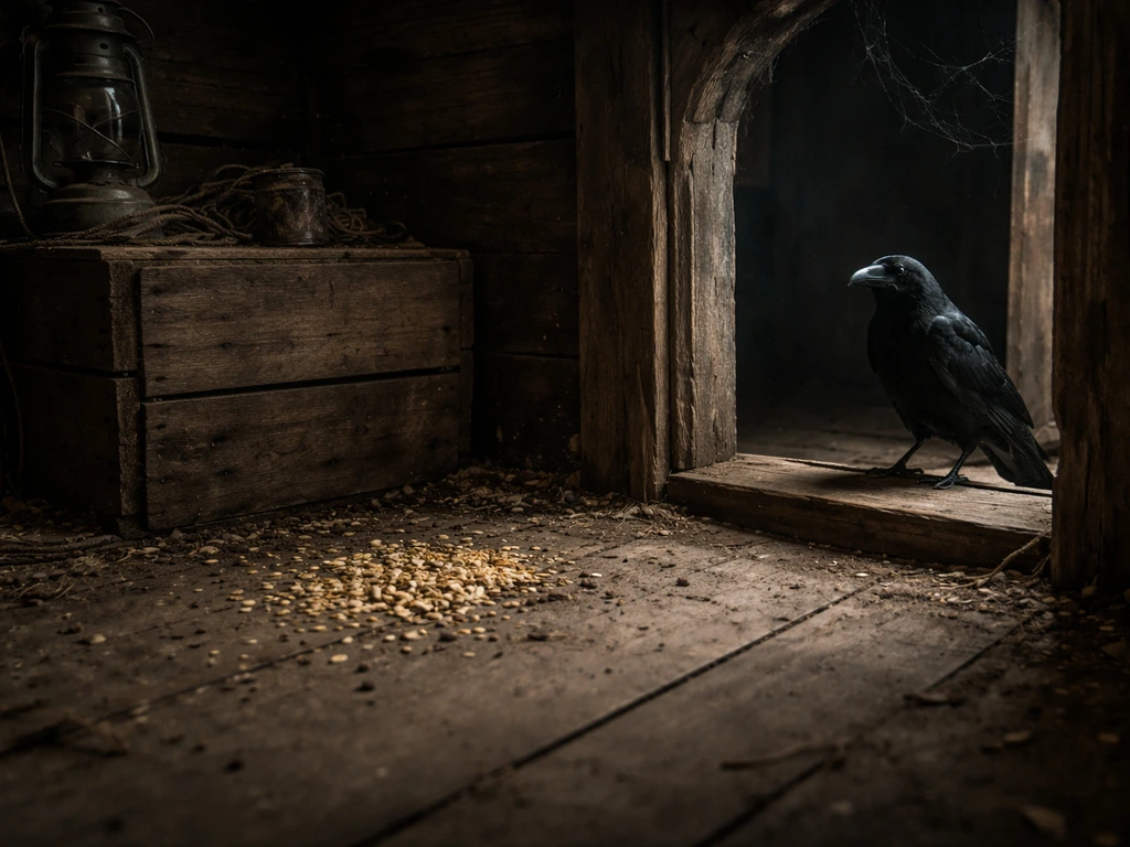 Dim cabin corner with scattered bird seed and a crow perched by an arched doorway