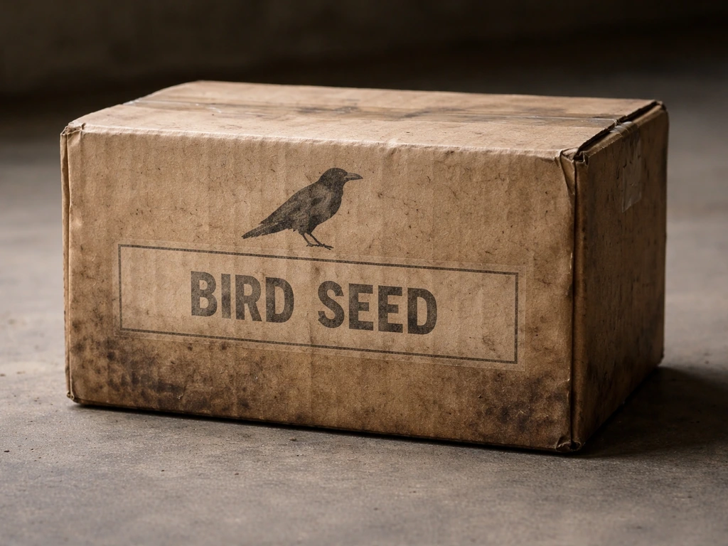 Close-up of a dirty cardboard box labeled Bird Seed with a crow silhouette in a dim game-like room.