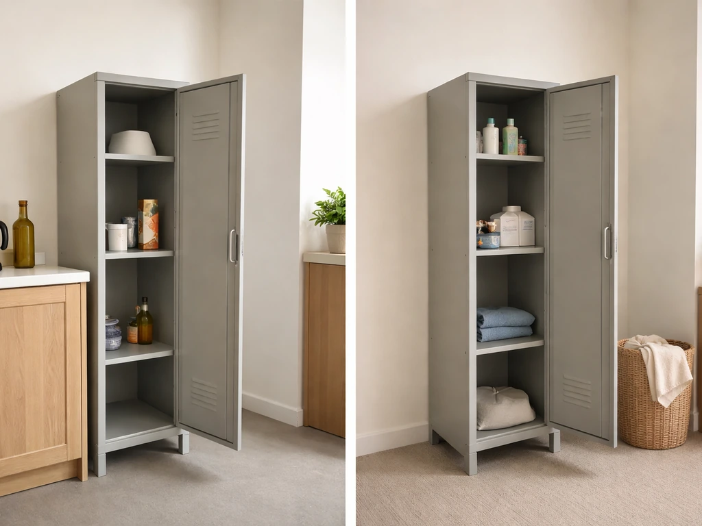 A kitchen locker and another room locker, both slightly open, showing where to look inside.