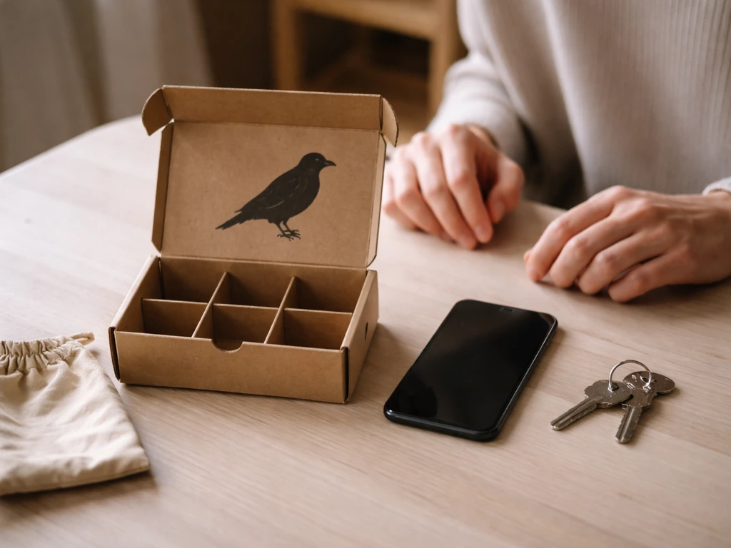 Anonymous hands check an unlabeled box with a crow stamp and empty compartments, suggesting birdseed is missing.