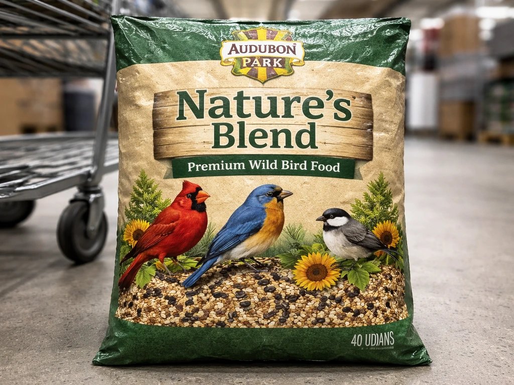 Close-up of a 40-lb bag of premium wild bird seed in a warehouse setting