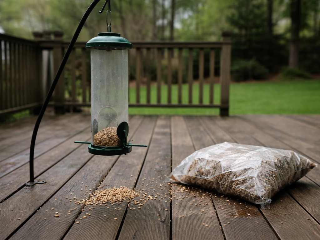 Empty bird feeder with spilled seed and a damp birdseed bag on a porch deck, no birds present.