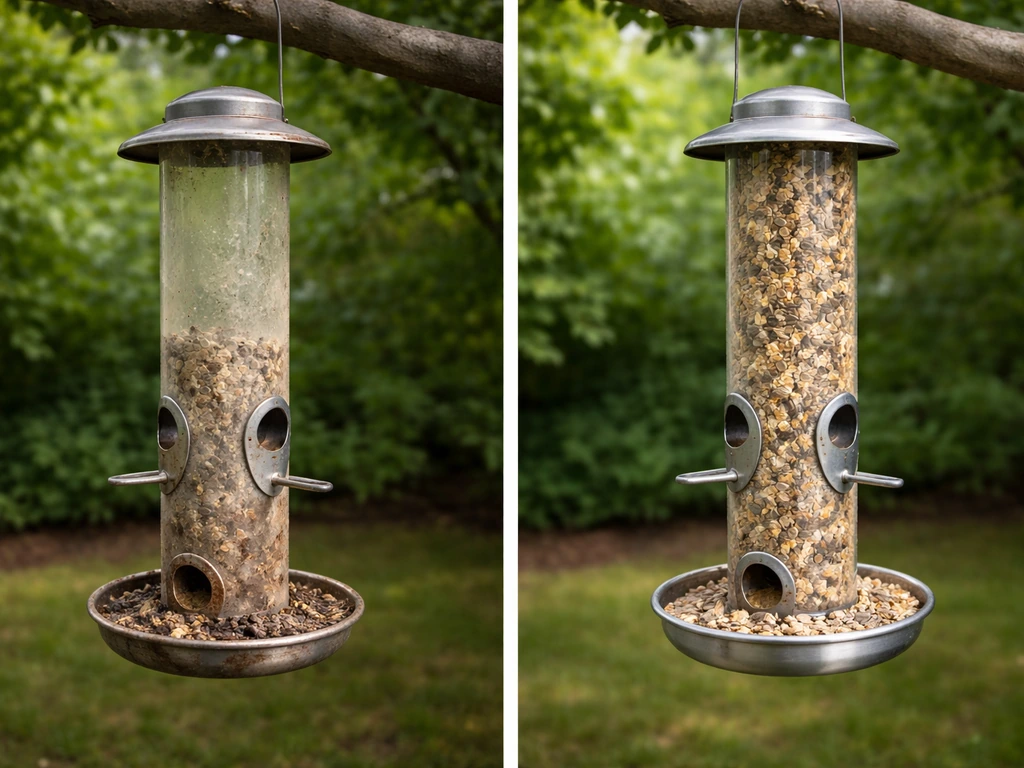 Two simple backyard bird feeder setups side-by-side: one dirty and caked with old seed, one clean and fresh.