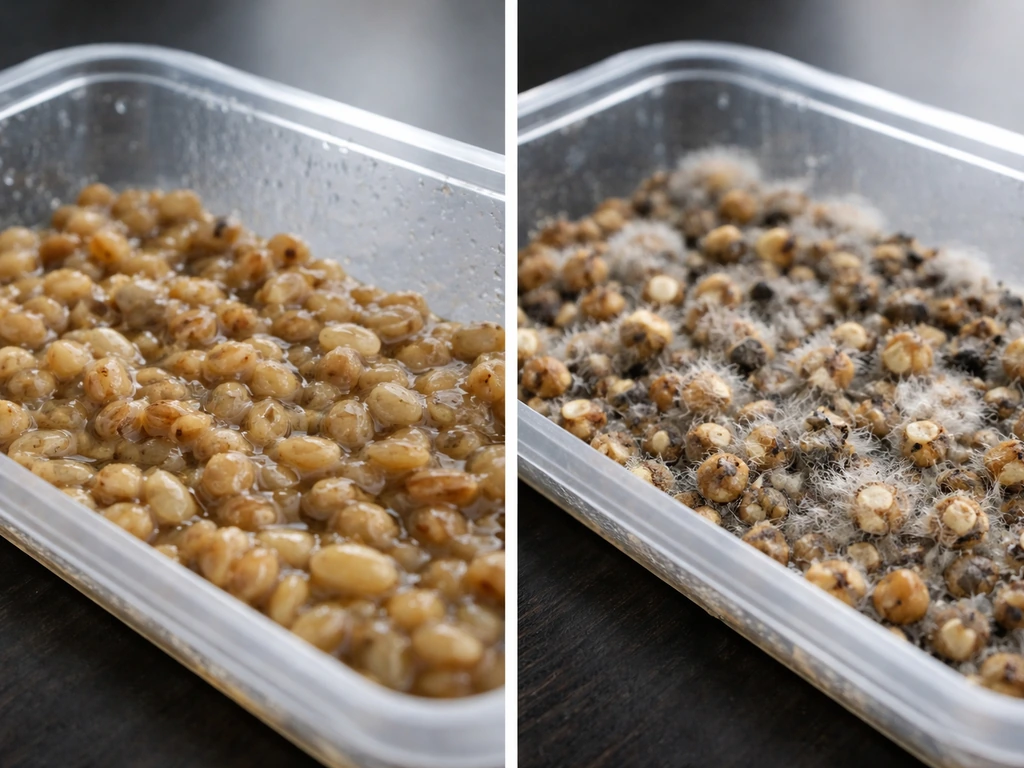 Close-up tray of wet clumped and greyish moldy seeds showing degraded seed quality