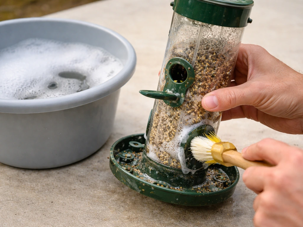 Anonymous hands scrubbing a bird seed feeder ports over a basin of hot soapy water.