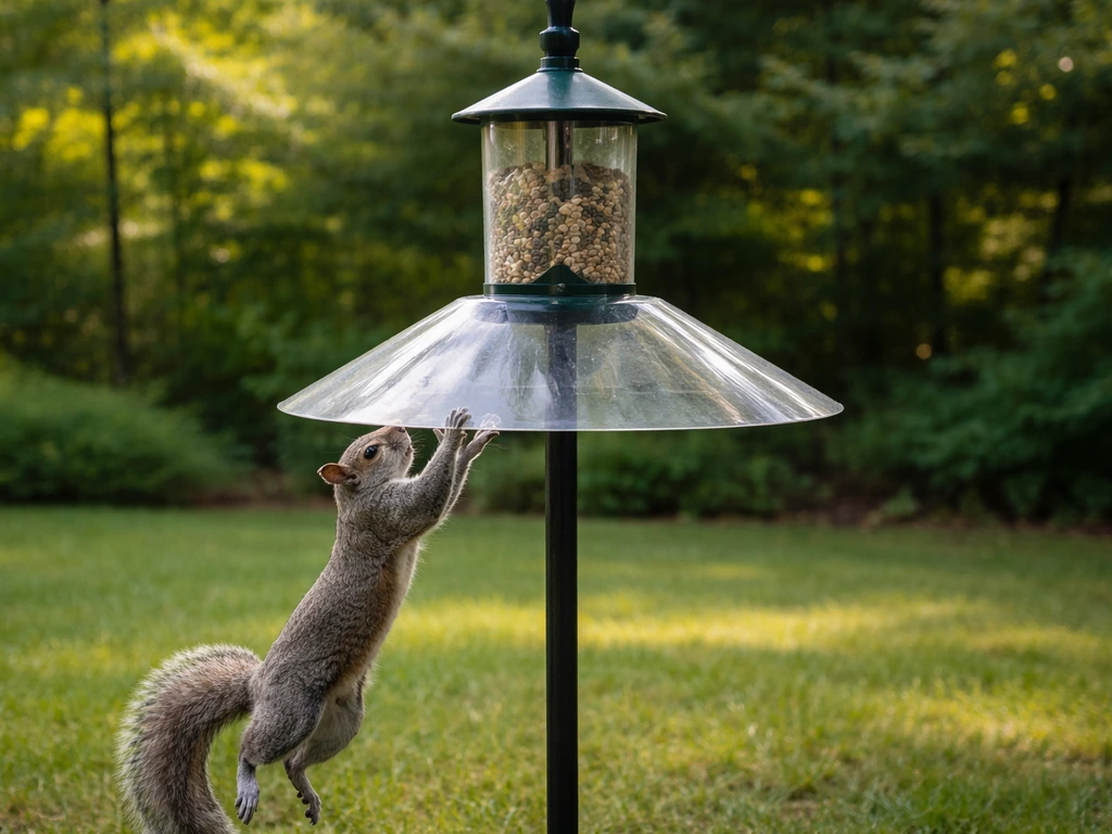 A squirrel reaches a pole-mounted bird feeder where a baffle blocks access.