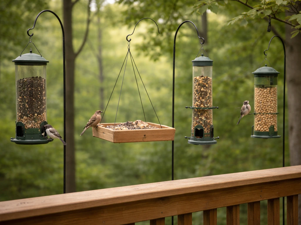 Backyard porch with multiple bird feeders filled with mixed seed, showing a tidy bird-feeding setup.