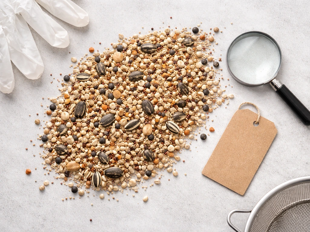 Top-down view of mixed bird seed with magnifying glass and glove, indicating checking for grass seed safely.