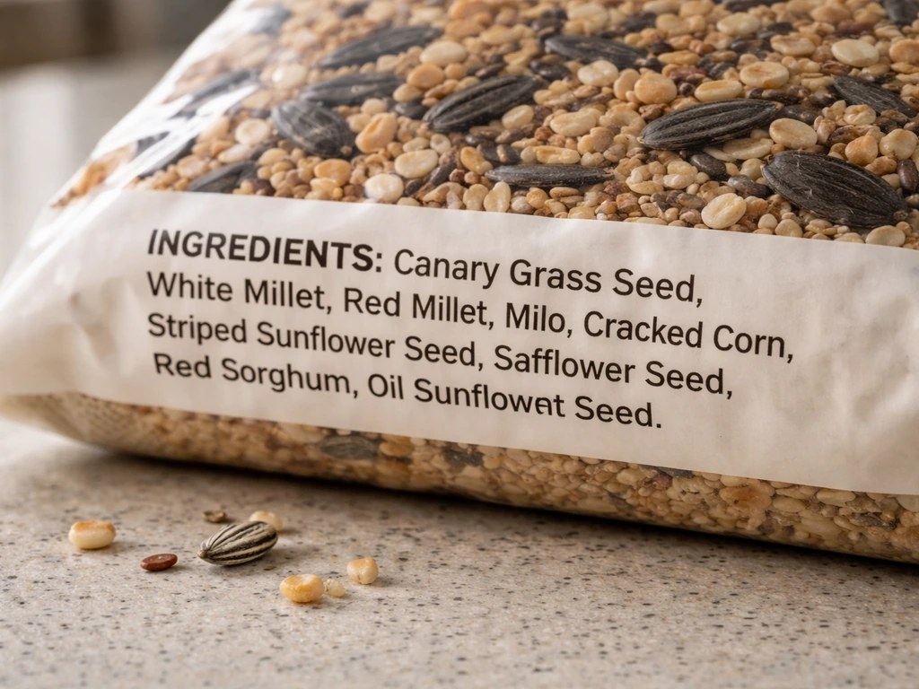 Close-up of a bird seed bag label and ingredient list, focusing on seed ingredient wording.