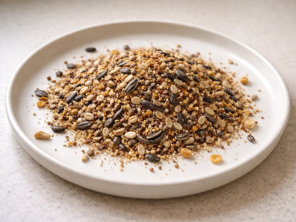 Bird seed mix spread thinly on a white plate on a kitchen counter for at-home inspection.