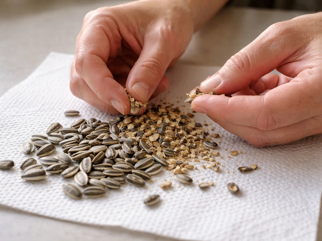 Close-up of hands sorting broken seed pieces and chaff from a spread-out seed sample on paper towel.