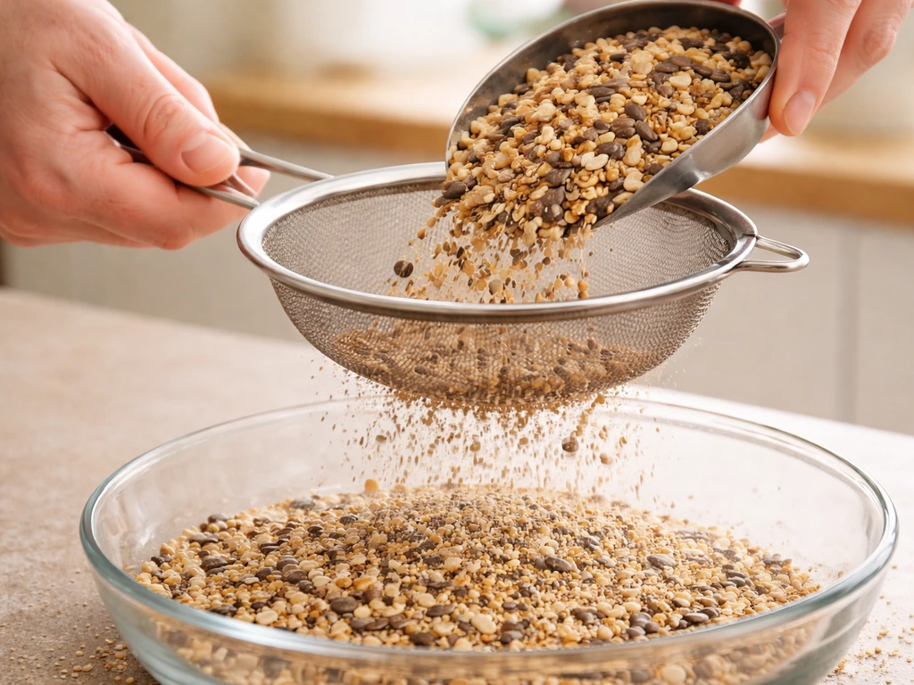 Hands pour bird seed through a kitchen sieve, separating chaff and smaller seeds onto a container.