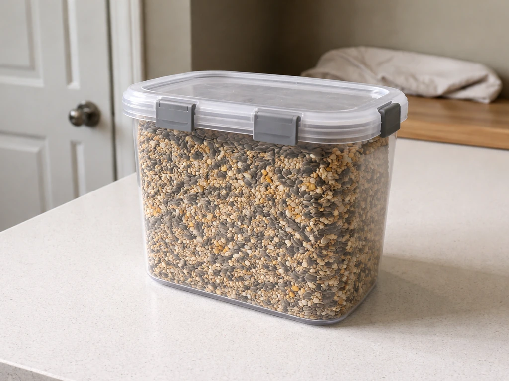 Sealed hard-sided container of dry birdseed on a counter, illustrating moisture-free storage to prevent mold.