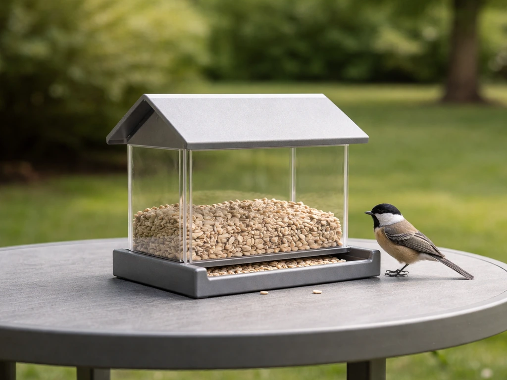 Clean enclosed backyard bird feeder with sunflower hearts visible and no spilled seed around it.