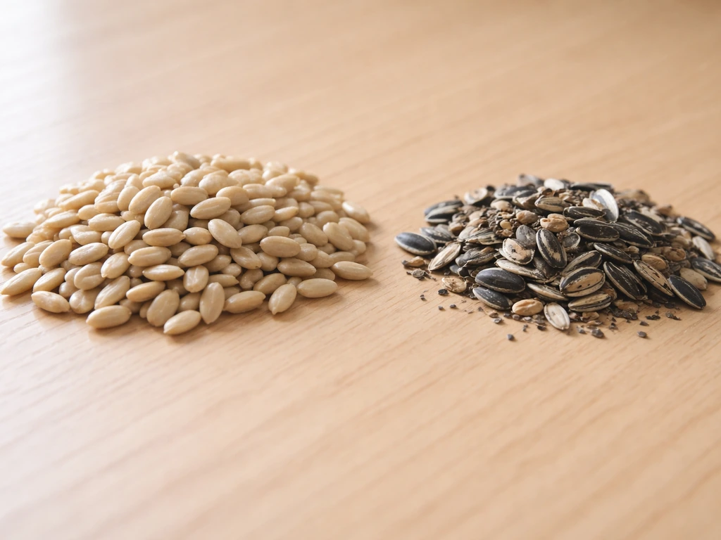 Close-up of hulled sunflower seed hearts next to whole seed pieces with hull fragments.