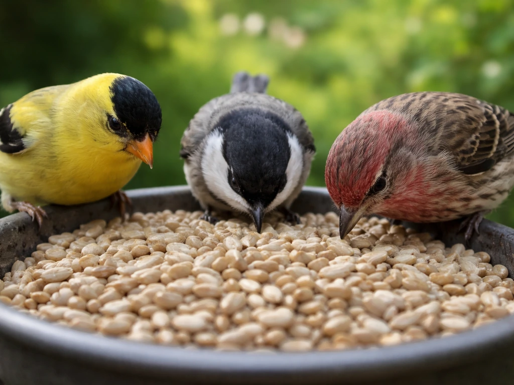 Close-up of small songbirds perched on a feeder eating sunflower hearts in natural light.