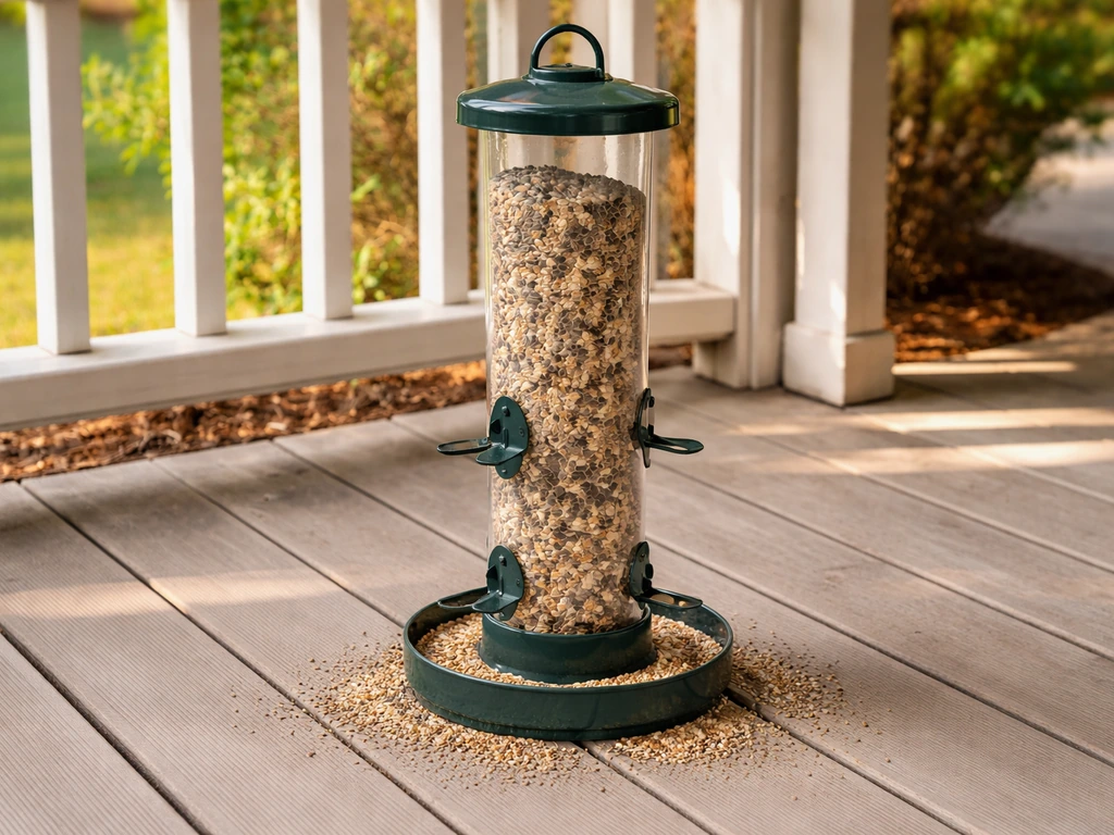 No-mess tube seed feeder on a deck over hard surface to reduce bird seed scatter