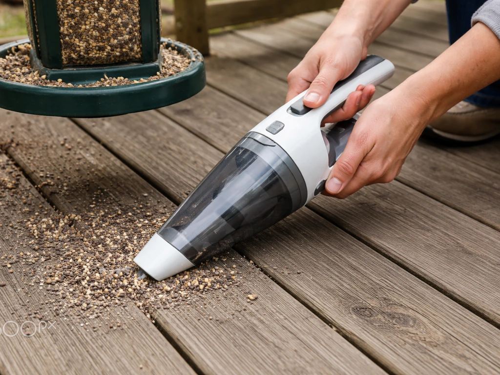 Handheld vacuum cleaning seed hull residue under a bird feeder on a deck patio area.