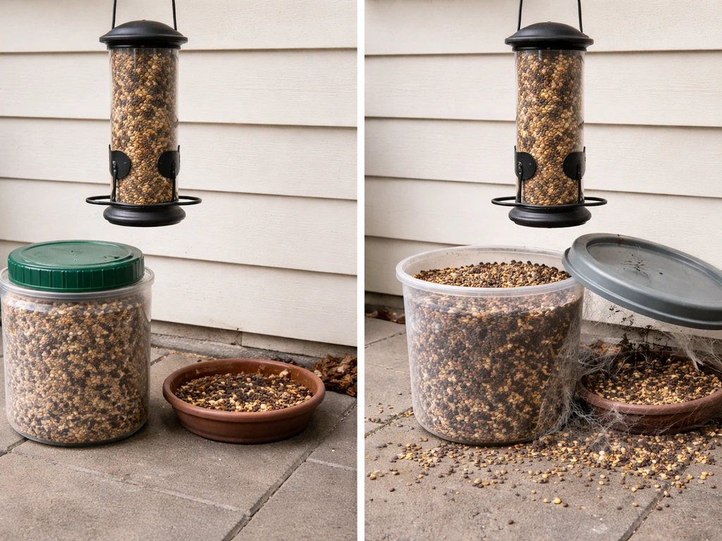 Split image of a clean sealed bird feeder area versus a seed storage area with moth damage and webbing.