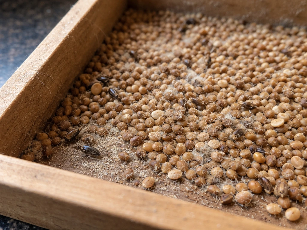 Close-up of bird seed in storage with a few small insects and mites on the grains.