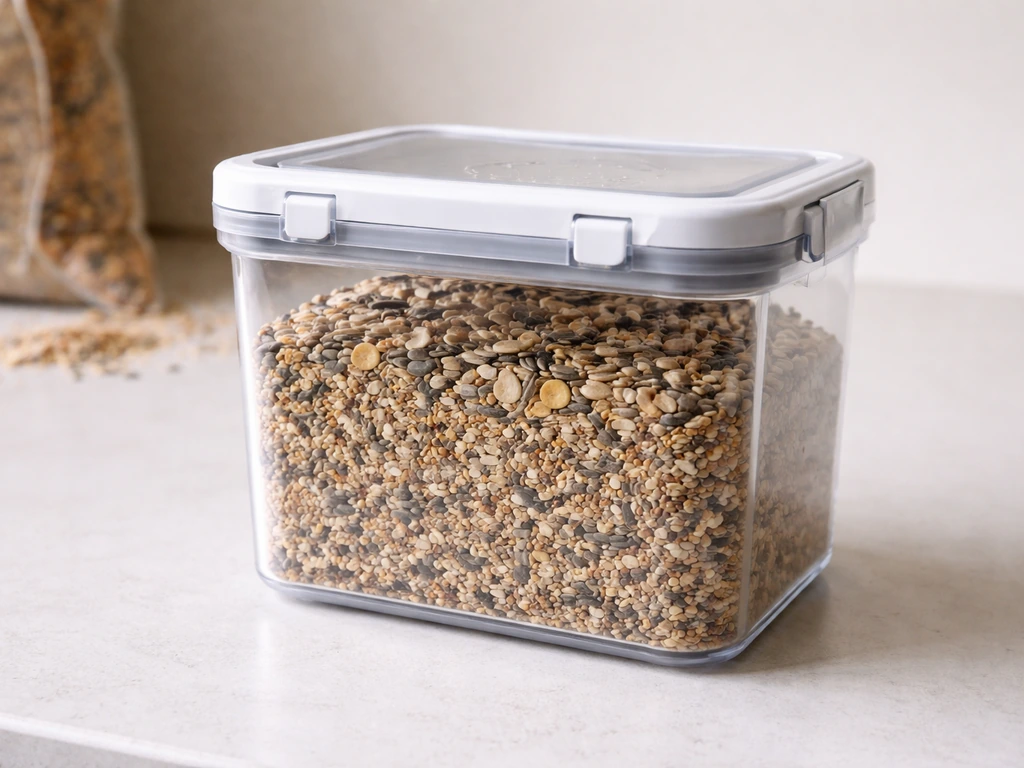 Hard-sided airtight container filled with bird seed on a clean kitchen counter