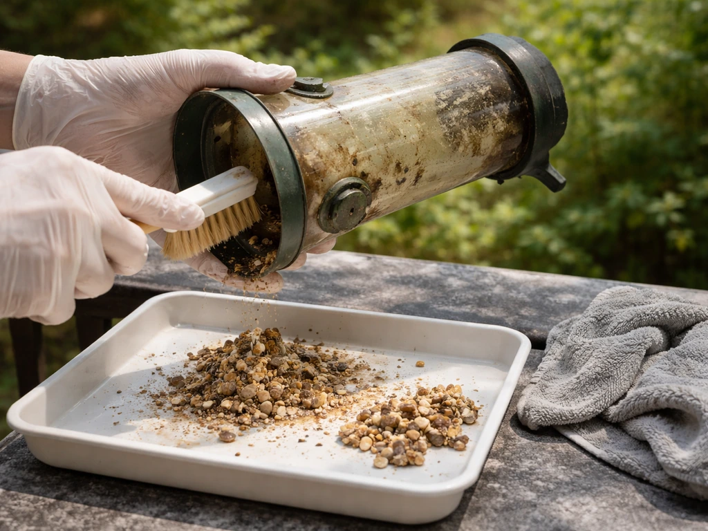 Gloved hands empty and scrub a bird feeder on a garden table, removing clumped old seed.