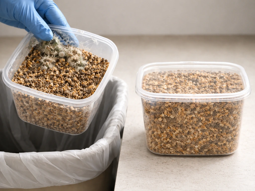 Gloved hands tossing moldy bird seed into a bin, then sealing a clean container with a fresh lid