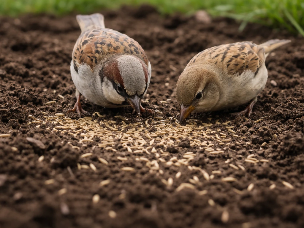Two small finch/sparrow-type birds pecking at exposed grass seed on bare soil in a yard