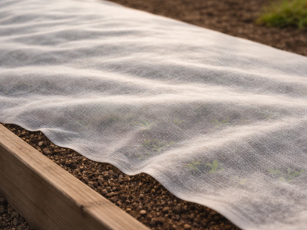 Floating row cover fabric draped over seeded soil, letting light through while covering plants