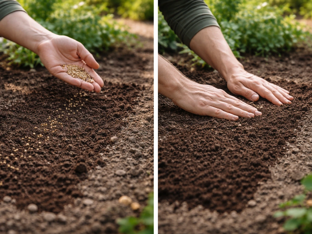 Side view of hands seeding a small garden section, immediately covered with soil, then moving to the next area.