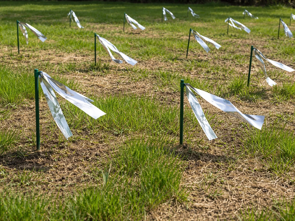 Seeded lawn with small reflective foil strips on low stakes placed around the area.