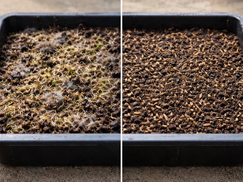 Close-up of wet, clumped sprouting lawn seed contrasted with properly covered, drier soil.