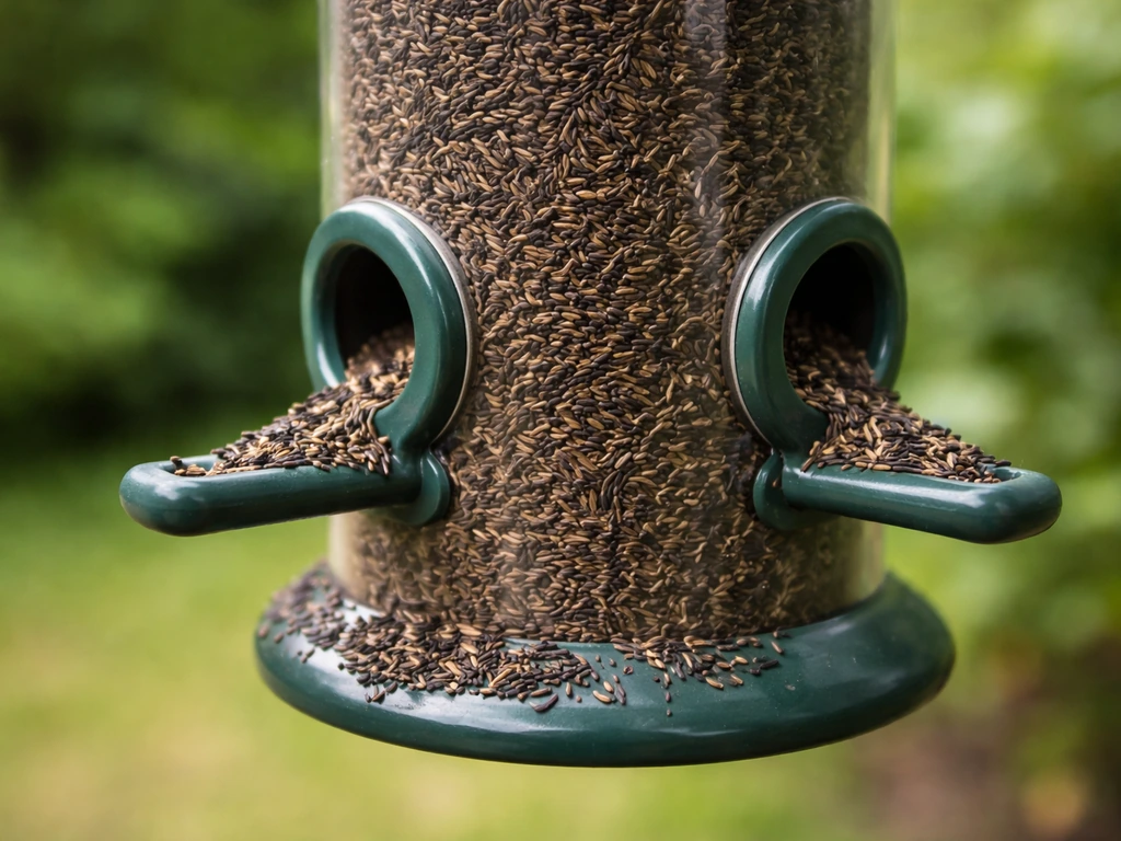 Close-up of Nyjer thistle seed in a finch feeder with dry kernels, no sprouting or wet clumps.