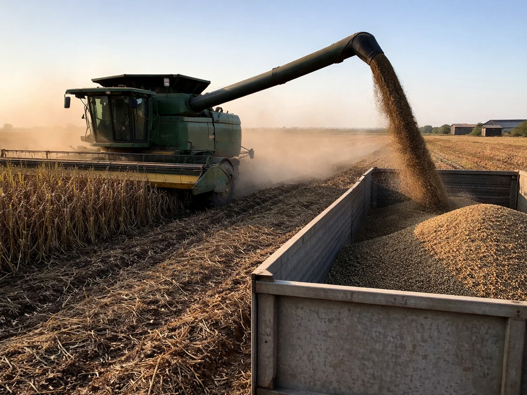 A grain combine harvests a field as seeds feed into a trailer for drying and processing