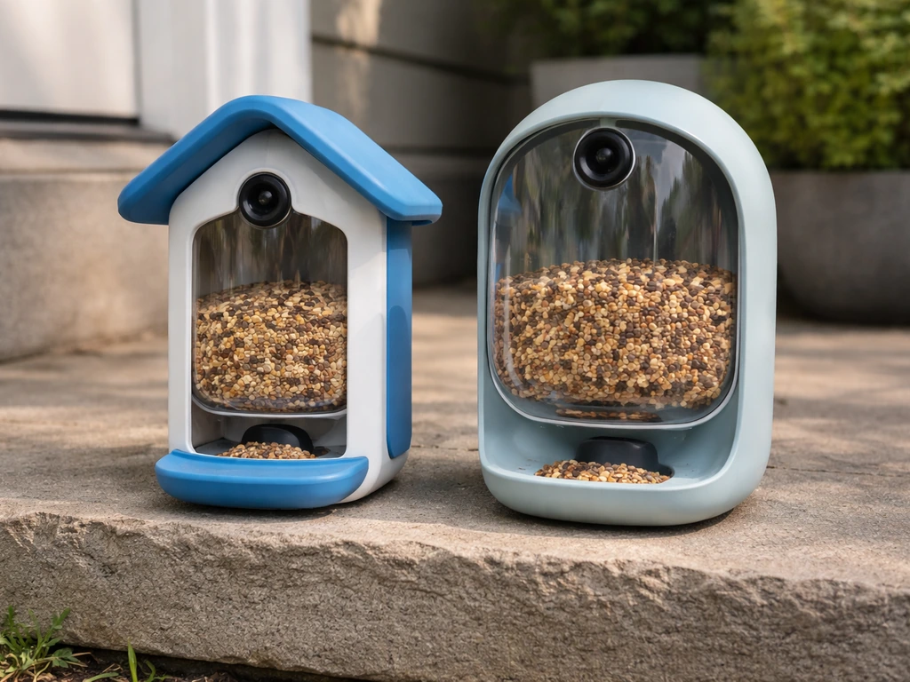 Two Bird Buddy seed feeders side-by-side on a porch for comparing models before filling.