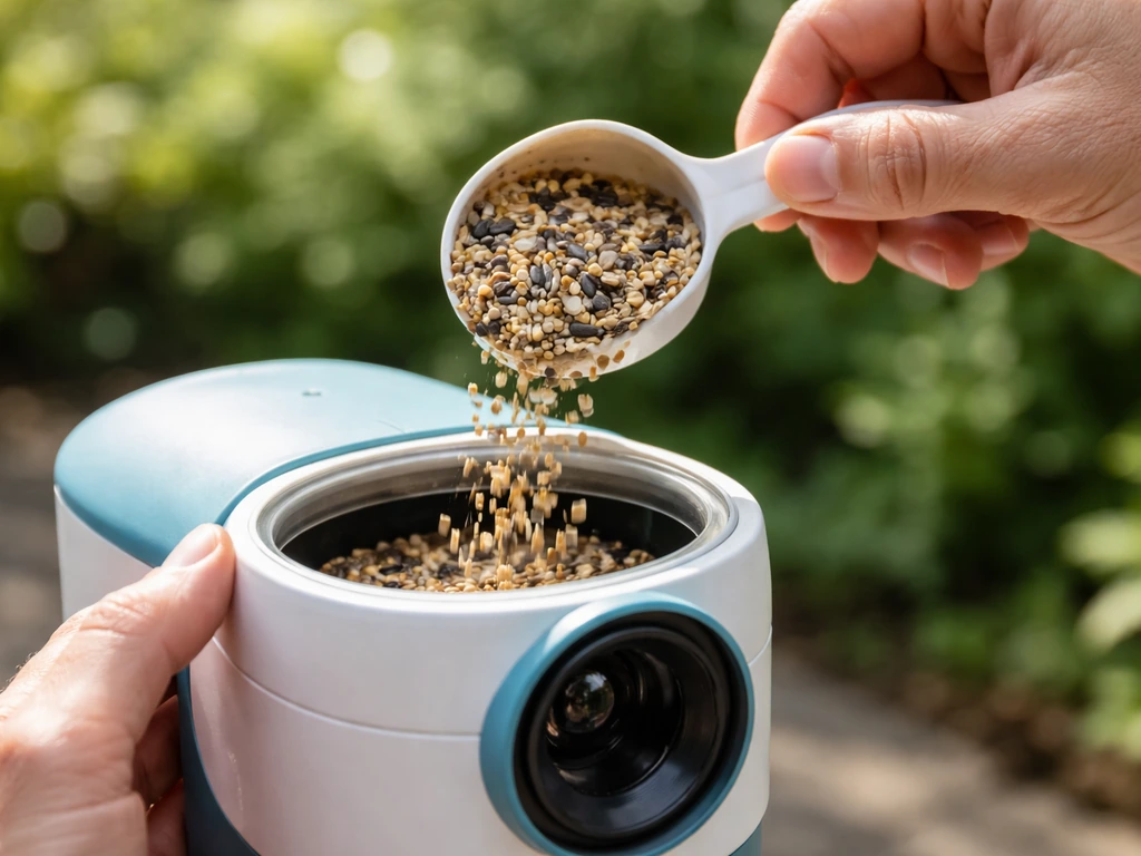 Hands tip a dry scoop to pour bird seed into a Bird Buddy feeder’s open container.