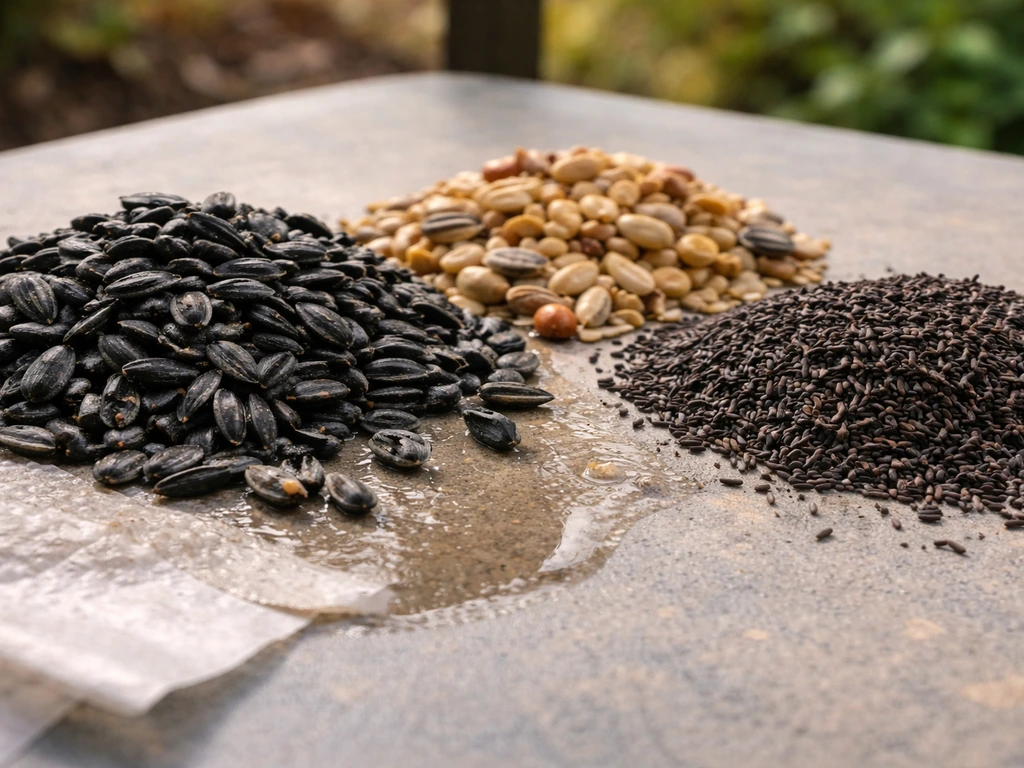 Close-up of sunflower and nyjer bird seed piles with a damp moisture risk cue nearby.