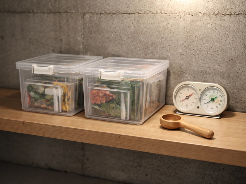 Cool basement shelf with sealed seed bins and an analog thermometer/hygrometer indicating stable conditions.