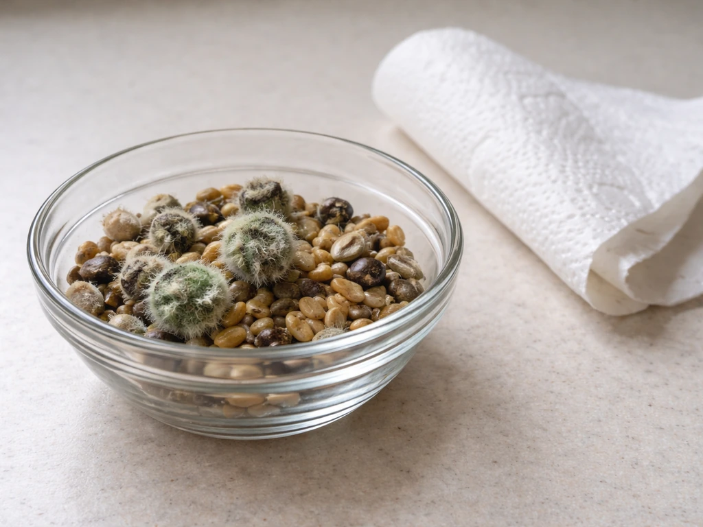 Close-up of spoiled, visibly moldy seeds in a small bowl, ready to be discarded.