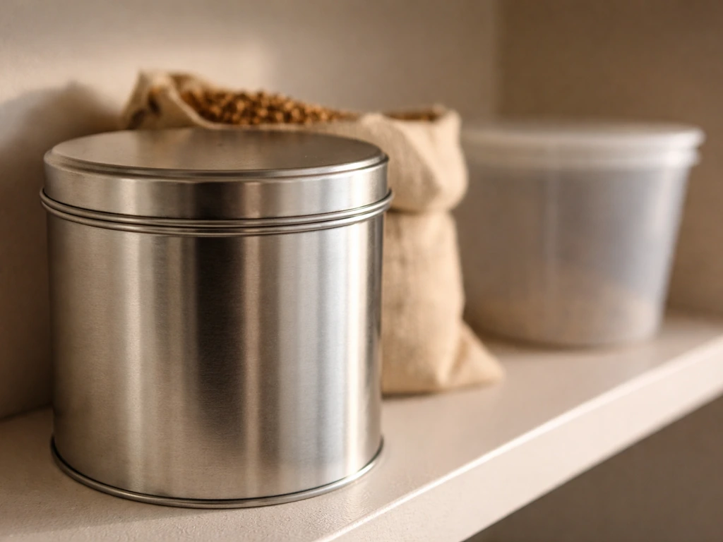 Sealed metal storage container with tight lid on a kitchen shelf, showing secure seed storage for pest prevention.