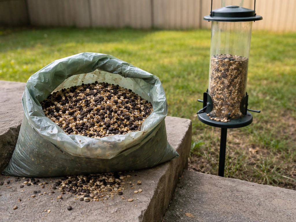 Open bird seed container showing damp, moldy seed beside a nearby feeder on a patio.