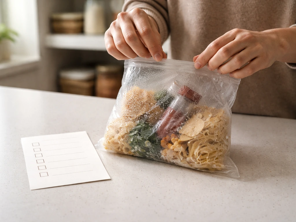 Hands inspecting a slightly damp pantry bag with a blank checklist card on a kitchen counter.