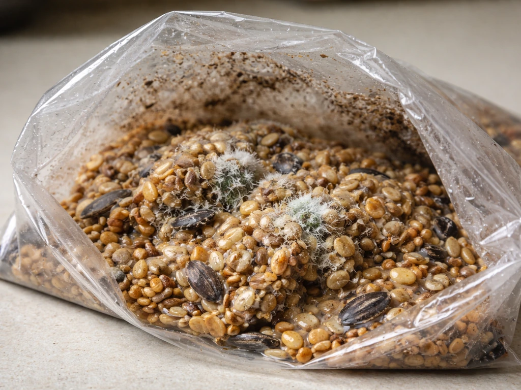 Close-up of bagged bird seed with clumps, condensation stains, and early mold on seed surfaces.
