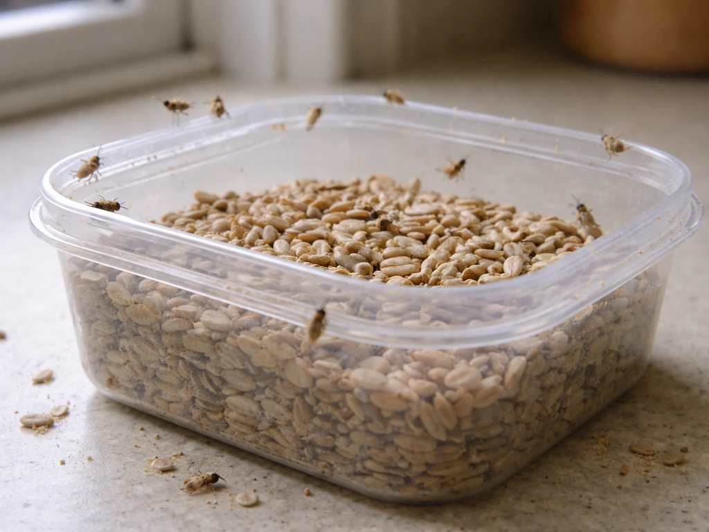 Small moths near sunflower seeds inside an open clear storage container, suggesting infestation.